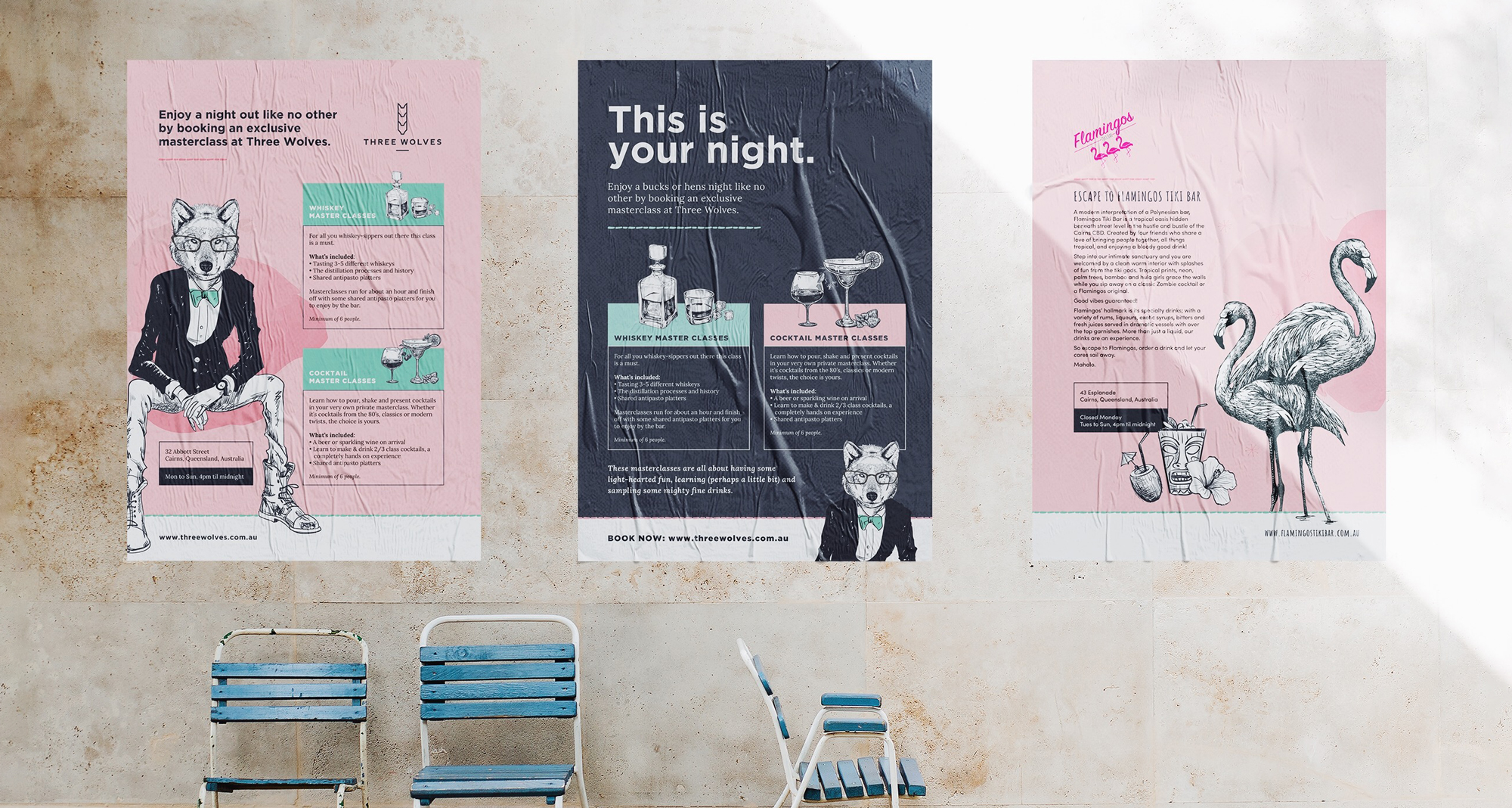 Three poster designs stuck on grungy wall