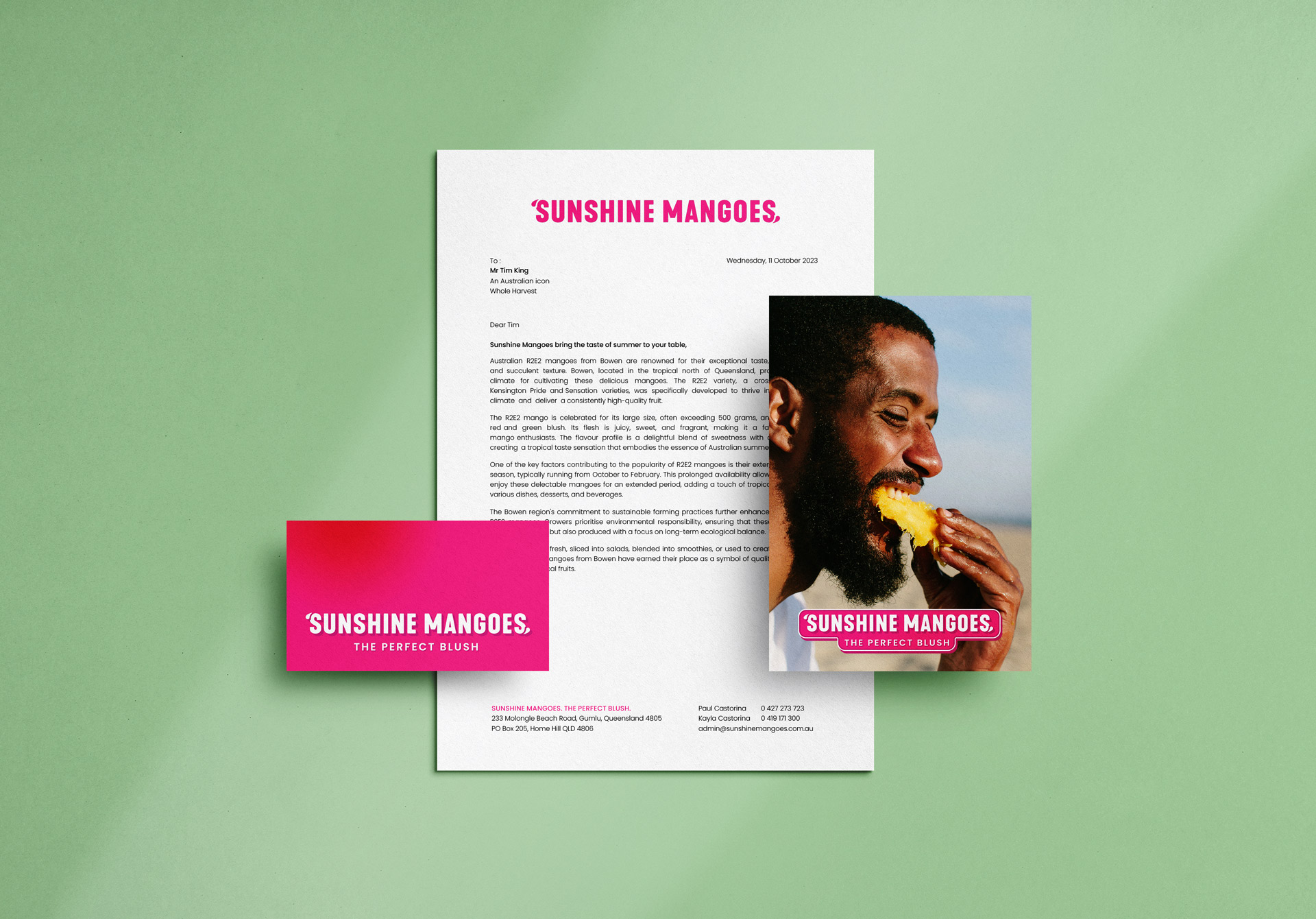 Sunshine Mangoes business stationary including business card, letterhead and postcard