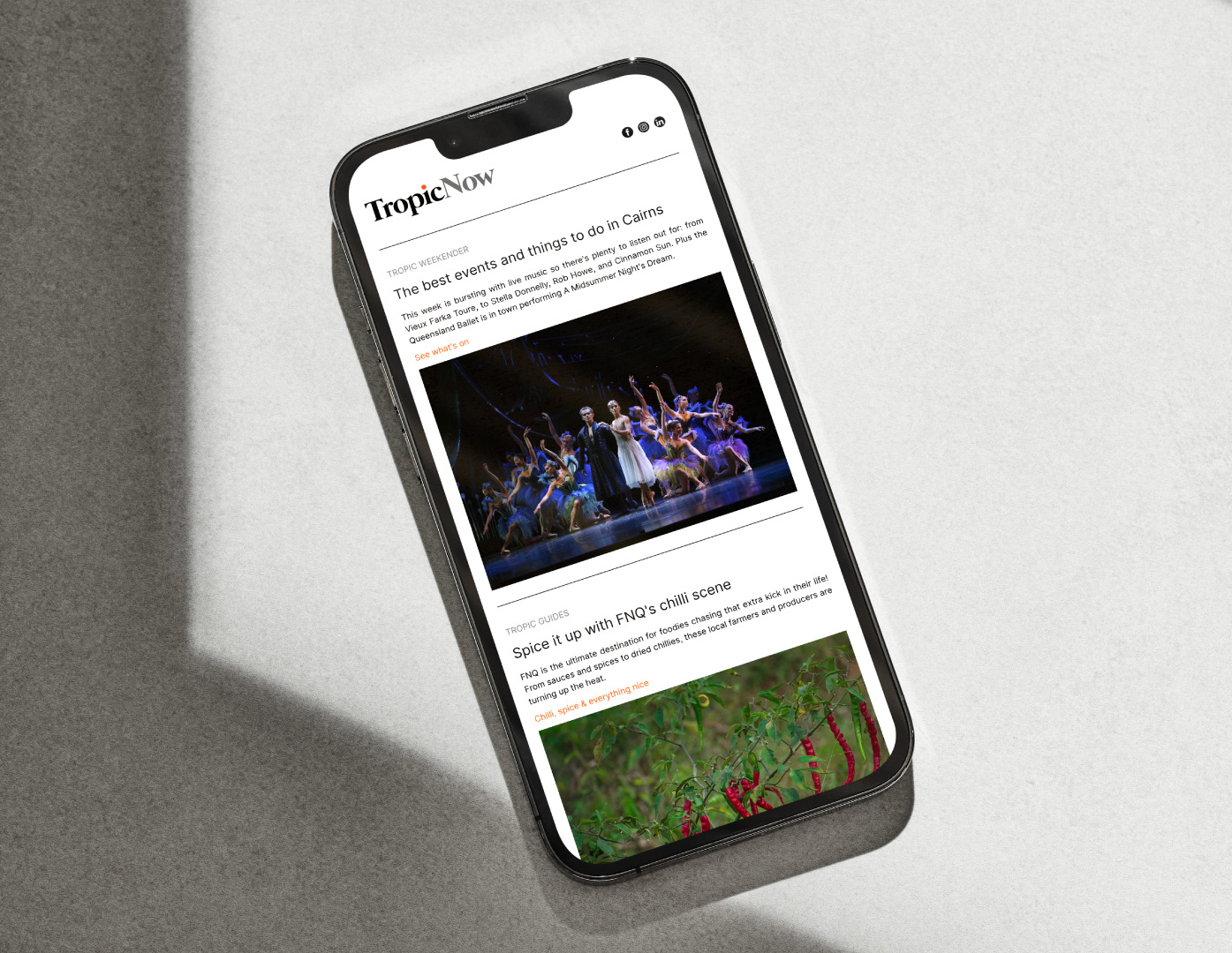 Tropic Weekender newsletter on iPhone