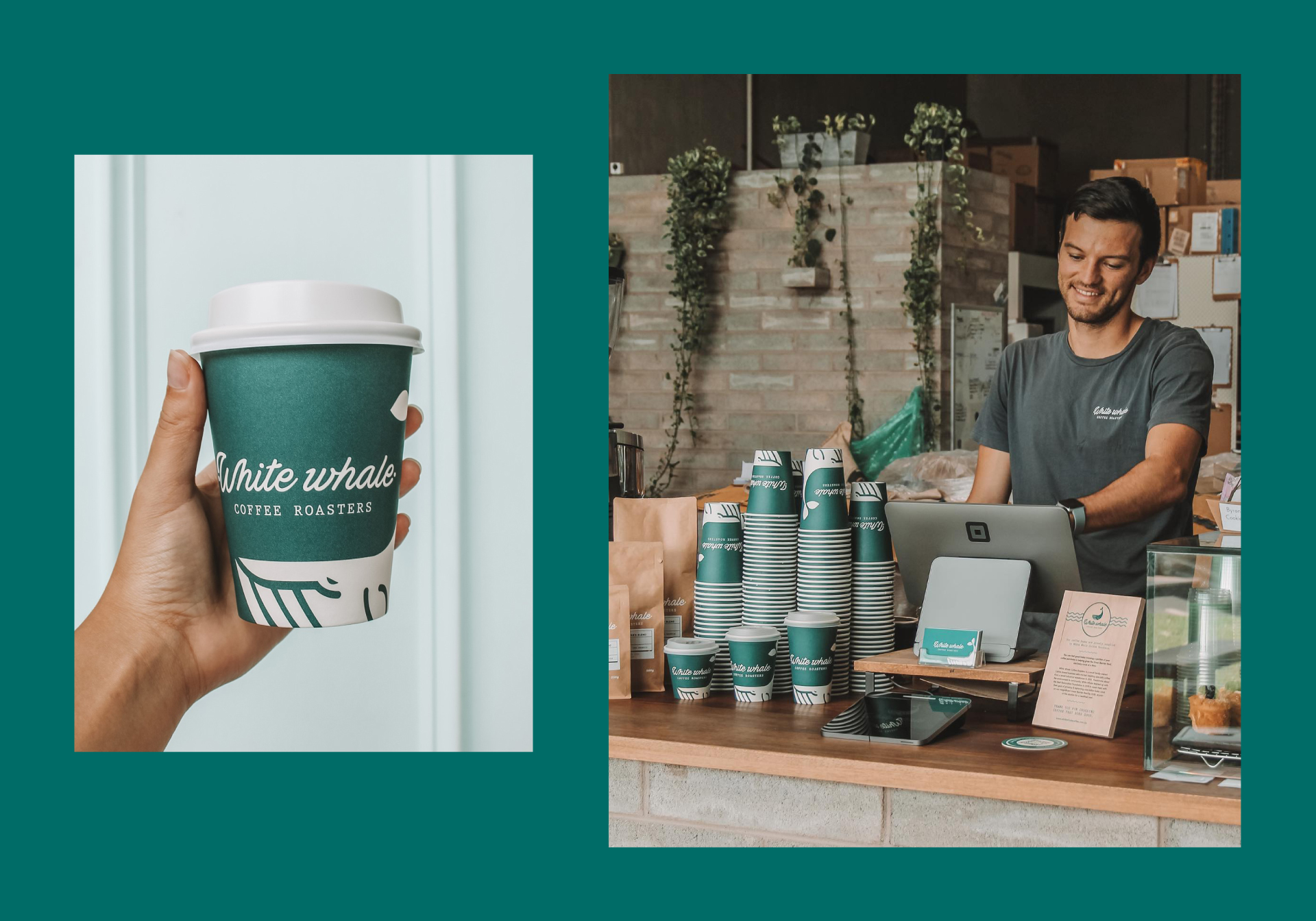 White Whale Coffee Roasters takeaway cups designed by Tropic Studio