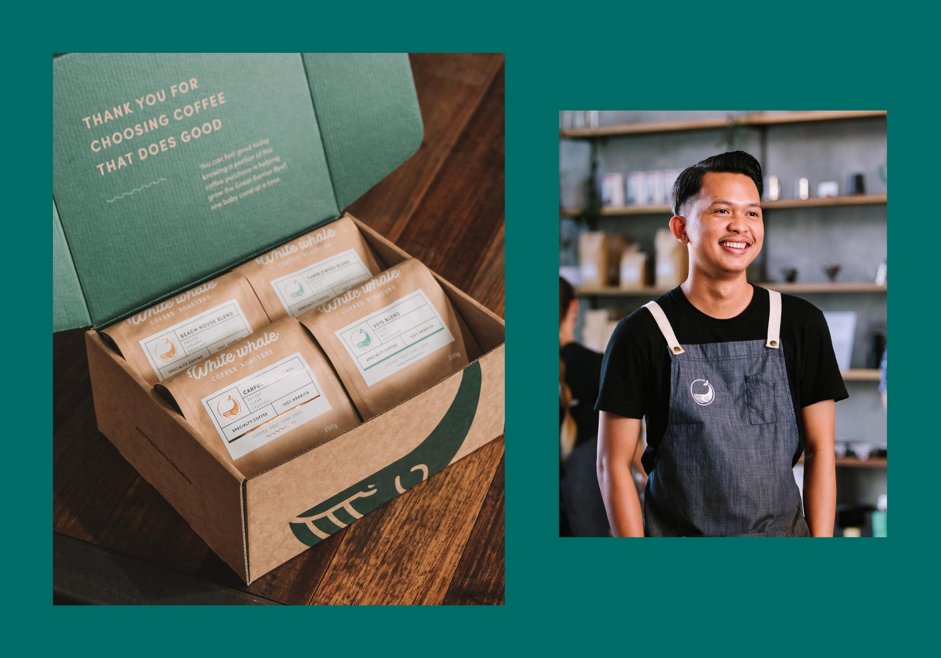 White Whale Coffee Roasters packaging and barrista