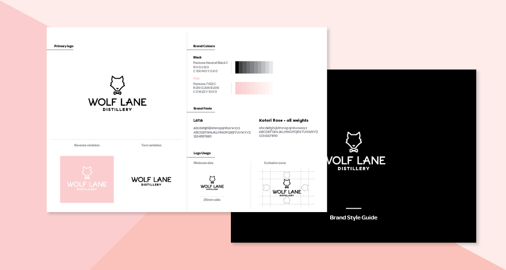 Wolf Lane distillery logo and styleguid on pink backgroun